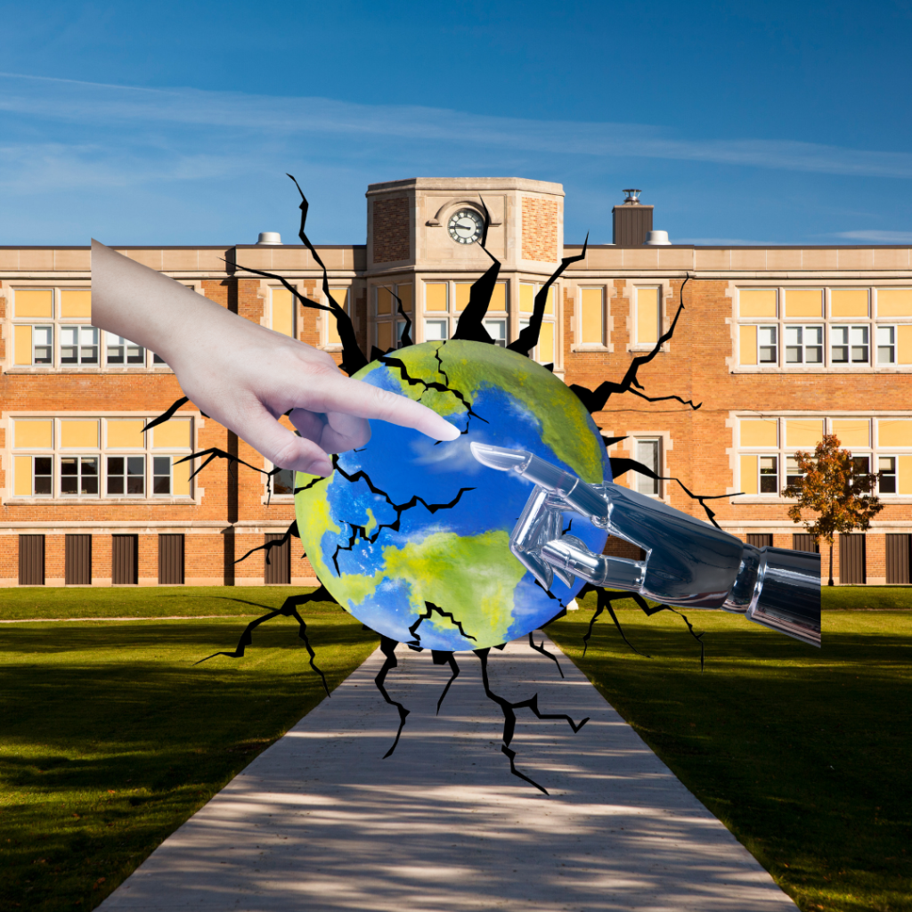 Imagen digital que muestra una escuela con una mano humana y una mano robótica tocando un planeta Tierra agrietado, simbolizando el desafío de educar en un mundo en crisis tecnológica y ambiental.