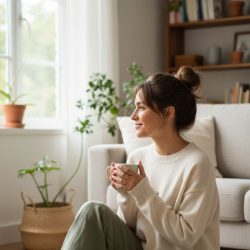Mujer reflexionando en casa sobre cuándo empezar terapia para cuidar su bienestar emocional
