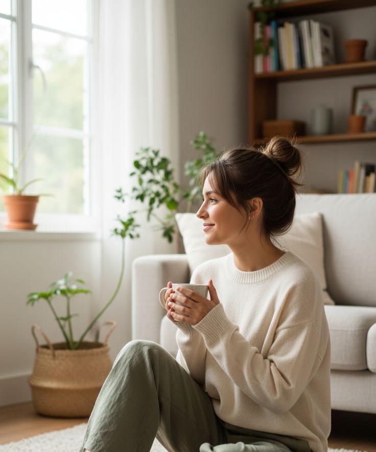 Mujer reflexionando en casa sobre cuándo empezar terapia para cuidar su bienestar emocional